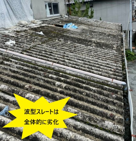 波型スレート　劣化　変色　穴あき